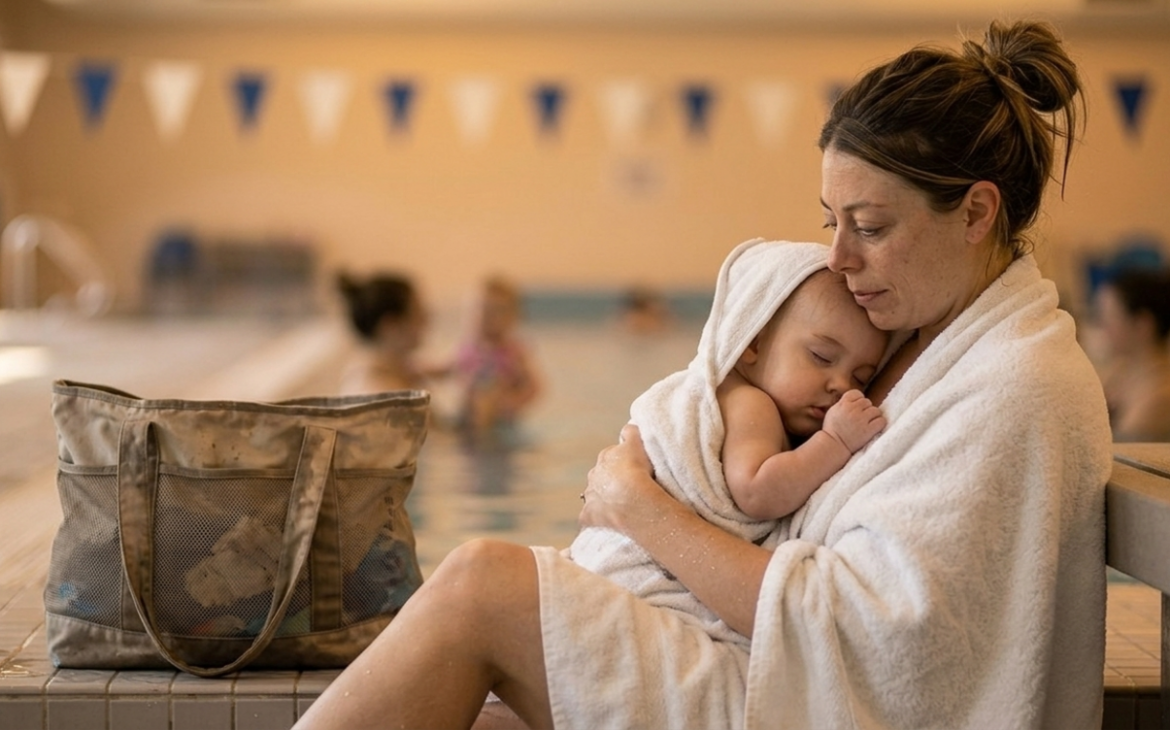 newborn swimming classes first session — parent holding baby face-to-face in warm pool, both smiling