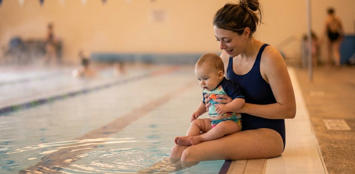Mother introducing her baby to water during a newborn swimming lesson in an indoor pool
