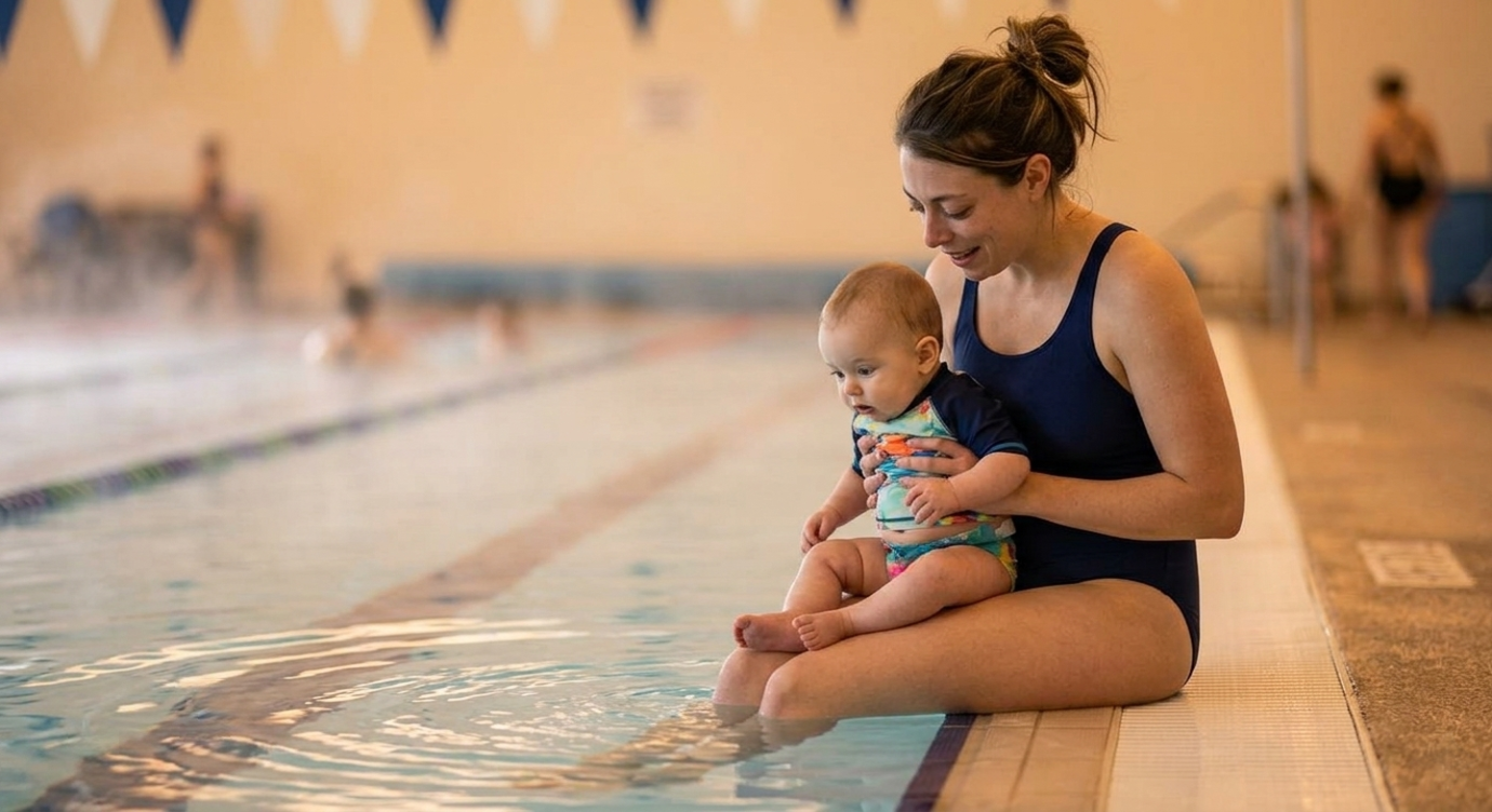 Mother introducing her baby to water during a newborn swimming lesson in an indoor pool
