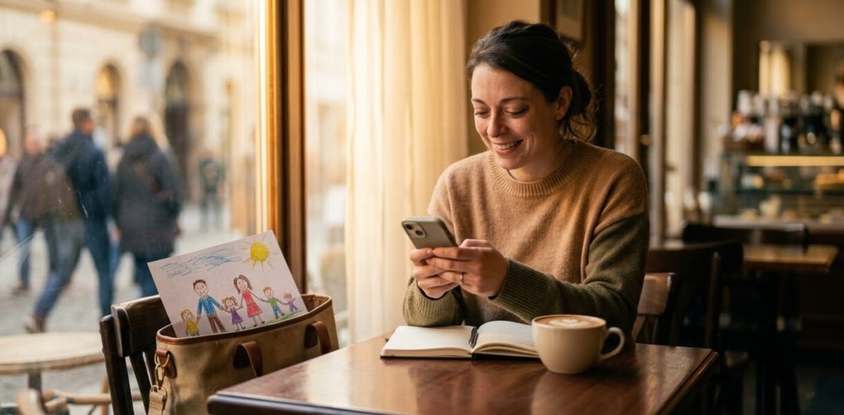Confident single mom in café