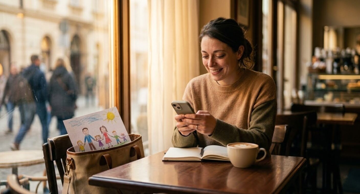 Confident single mom in café