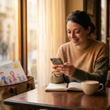 Confident single mom in café