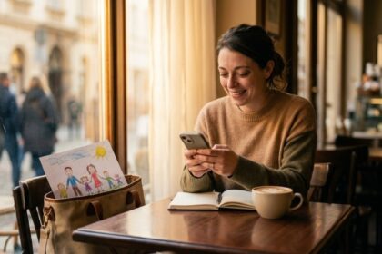 Confident single mom in café