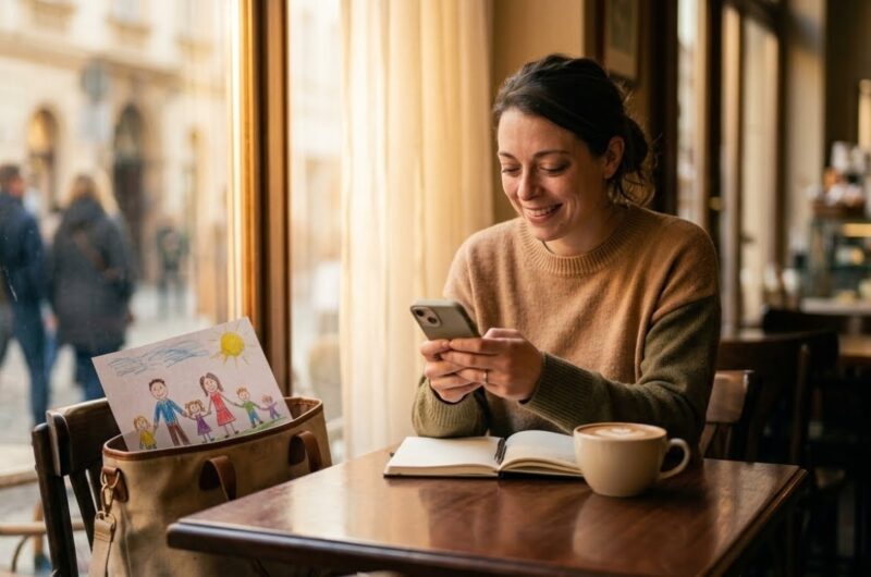 Confident single mom in café