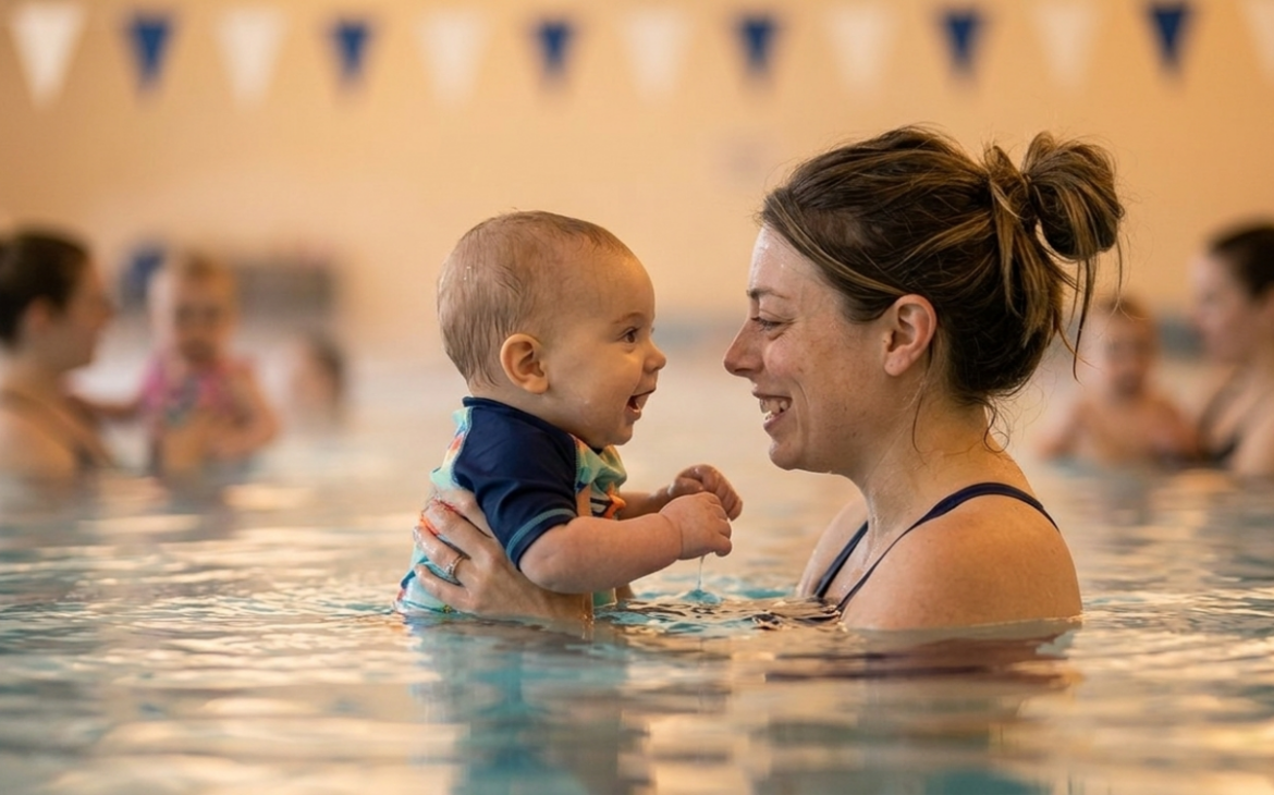 newborn swimming lessons benefits — baby happily kicking in warm pool with parent smiling